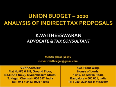 Union Budget 2020-21 - Analysis of Indirect Tax Proposals
